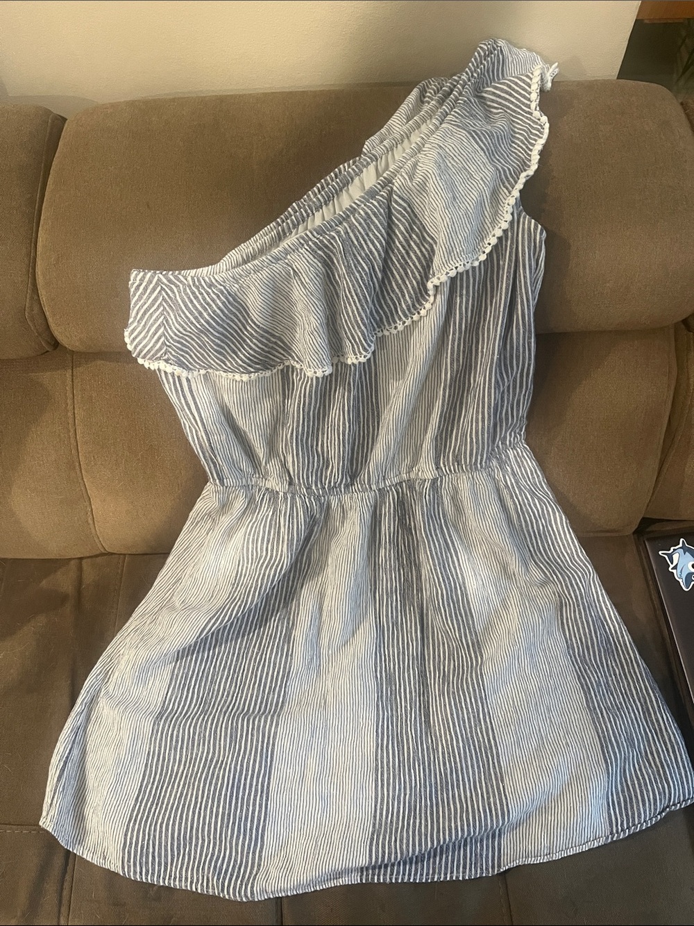 American Eagle Outfitters Blue & White One-Shoulder Ruffle Dress